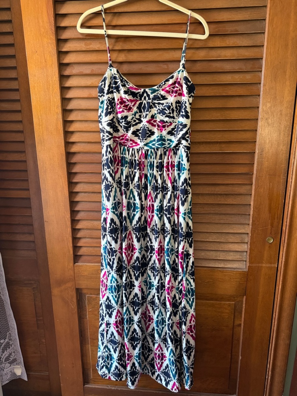 Ann Taylor Spaghetti Strap Maxi Dress in White with Navy, Teal & Pink Pattern